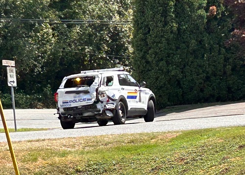 The back of the rammed RCMP police vehicle