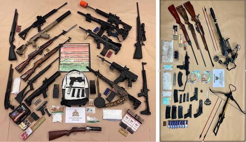 Photo 1 Photo depicts several firearms, ammunition, cash and drugs  Photo 2 Photo depicts several firearms, cross bow, cash, ammunition and knife.