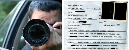 Two images of an undercover operator taking images and paperwork