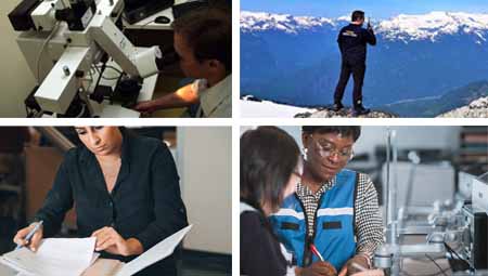 Collage of 4 photos. Top two photos from left to right: Man looking into a microscope. Man talking into a radio. Bottom two photos from left to right: Woman looking at documents in a folder. Two people writing.