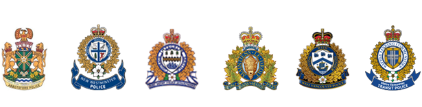 Police crests for Abbotsford, New Westminster, Port Moody, West Vancouver, Metro Vancouver Transit Police and RCMP.