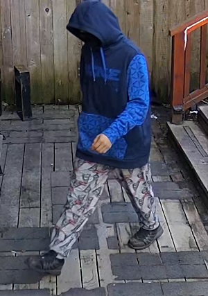 Side profile of a man in a two tone black and blue Nike hoodie, wearing a ski mask, with pajama pants