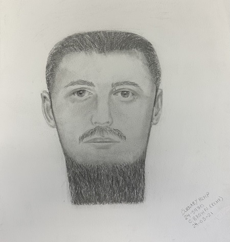 Black and white sketch of a male suspect with a moustache and beard.