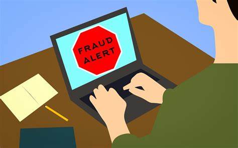A person sitting at a desk with a laptop that reads "fraud alert" on the screen