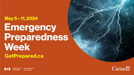 Lightning in night sky. Text: May 5-11, 2024. Emergency Preparednes s Week. GetPrepared.ca