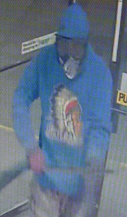 The robbery suspect wearing a blue hoodie with an indigenous headdress logo on it, blue jeans and a paintball mask.