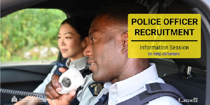 Photo of two police officers in a car with the driver holding the radio.  Text over top of the photo in the right upper hand corner reads: Police Officer Recruitment Information Session. Bc.rcmp.ca/careers. 