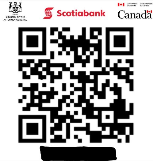 Code QR avec logo du ministère du Procureur général, de la Banque Scotia et du gouvernement du Canada