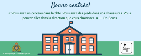 Photo d'une école avec les mots : "Bienvenue, étudiants ! Vous avez un cerveau dans la tête. Vous avez les pieds dans vos chaussures. Vous pouvez vous diriger dans la direction que vous choisissez. Dr Seuss".