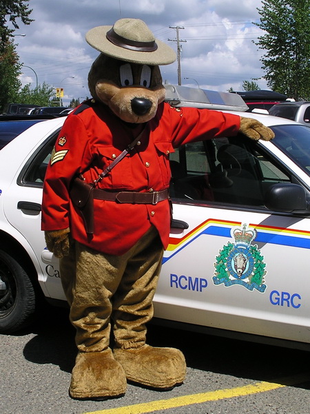 Photo of Safety Bear leaning against a police car. 