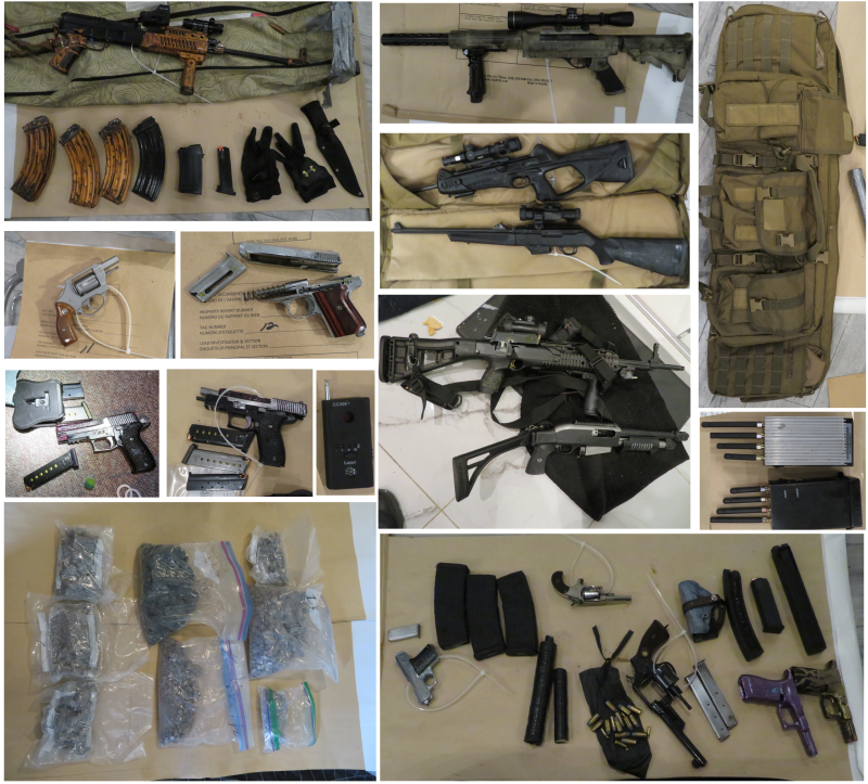 Picture collage of handguns, rifles, and drugs found at the residence