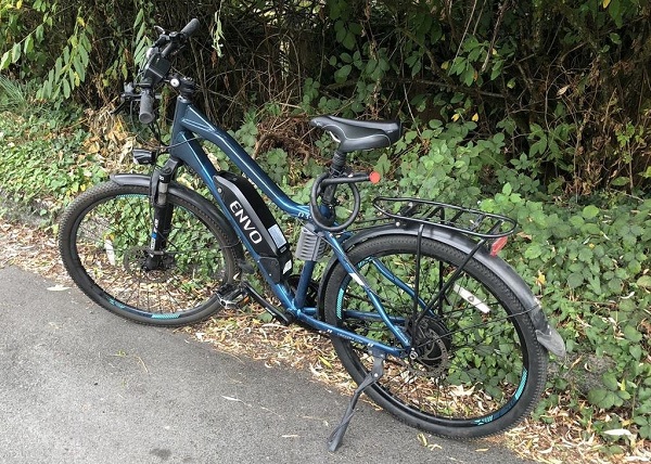 Vélo électrique bleu stationné le long d’une route, avec des arbres et des arbustes en arrière-plan