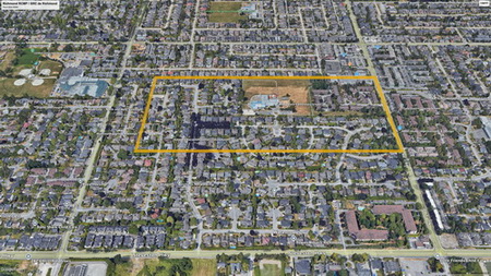 Map of area where victim walked from No 3 Road Westbound on Goldstream Drive to 7600 Alouette Drive to where the alleged offence occurred in the 10200 Block of Buttermere Drive. There is a yellow box drawn around this area.