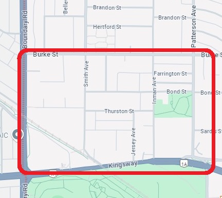 Une carte de Burnaby dont une partie est délimitée par un encadré rouge.