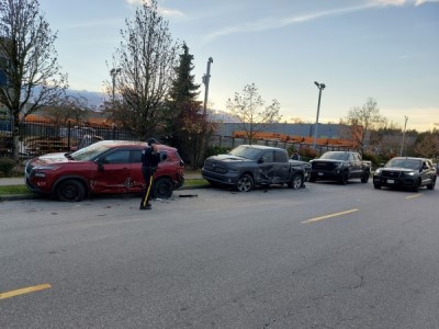 Damage from collisions caused when a tractor-trailer hit four parked cars in Port Coquitlam