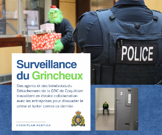 Un policier regarde une personne vêtue comme le Grincheux passer devant lui avec les bras remplis de cadeaux. Surveillance du Grincheux. Des agents et des bénévoles du Détachement de la GRC de Coquitlam travaillent en étroite collaboration avec les entreprises pour dissuader le crime et lutter contre ce dernier.