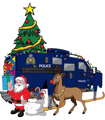 Image du père Noël et de Rudolph, le petit renne au nez rouge se tenant devant un camion de police sur des skis. Il y a un arbre de Noël et des cadeaux en arrière-plan.