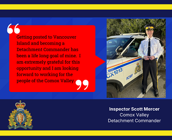 Quote graphic card with photo of Inspector Mercer in uniform standing next to a police car.