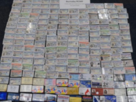 Approximately two hundred blurred identification cards displayed on the floor.