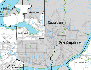 Map showing from top left to bottom right,: the Village of Belcarra, the Village of Anmore, the City of Coquitlam, and the City of Port Coquitlam