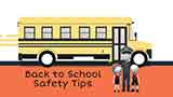 Graphic with a cartoon school bus, police officer and two children that provides general back to school safety tips