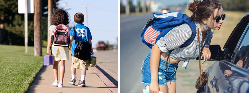 Two side by side images: Two children walking outside together. Teen looking inside a car.