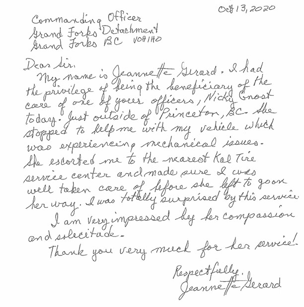 Letter of thanks from Jeannette Gerard to Grand Forks detachment member