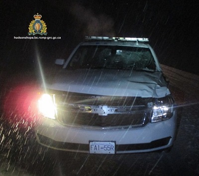 overview photo of the RCMP cruiser with damage to driver side hood and grille