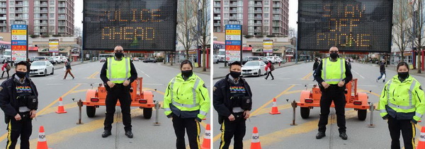 Photo of 3 officers in front of large sign saying <q>police ahead</q> and Photo of 3 officers in front of large sign saying <q>stay off phone"