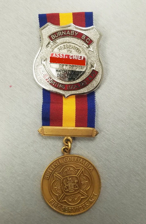 Recovered Burnaby Fire Fighter's long service medal