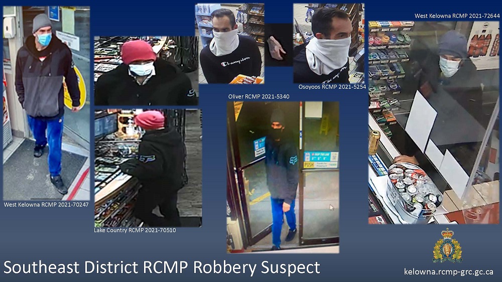 Photos of a suspect believed to be committing a series of robberies throughout Southeast District in West Kelowna, Lake Country, Oliver, and Osoyoos.