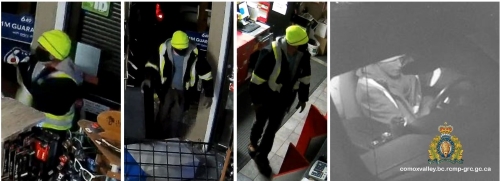 four photographs of the suspect.  Three in which the suspect is wearing a black and yellow high visibility jacket and a bright yellow toque.  One picture of the suspect, unmasked, sitting inside a truck. 