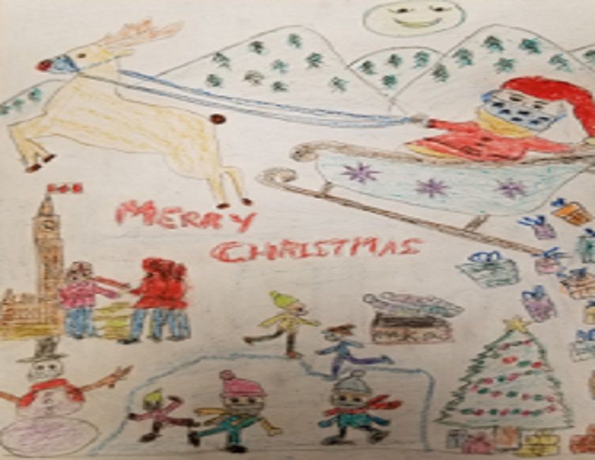 Sample drawing of a Christmas Card showing Santa sitting a deer drawn sleigh flying across mountains, the Parliament, people skating, a Christmas tree with presents, a snowman and the wording Merry Christmas