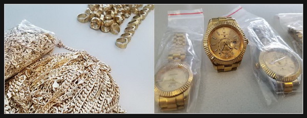 Photos of gold coloured rings, chains and watches