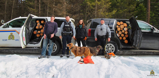 Cst. Jonathan Stermscheg, Cst Chris Hansen, PS Leanne Mclaren and Cpl. Phil Peters stand in front of two police vehicles full of firewood.