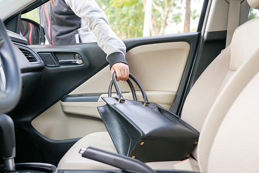 Person stealing a purse from a vehicle through an open passenger window.