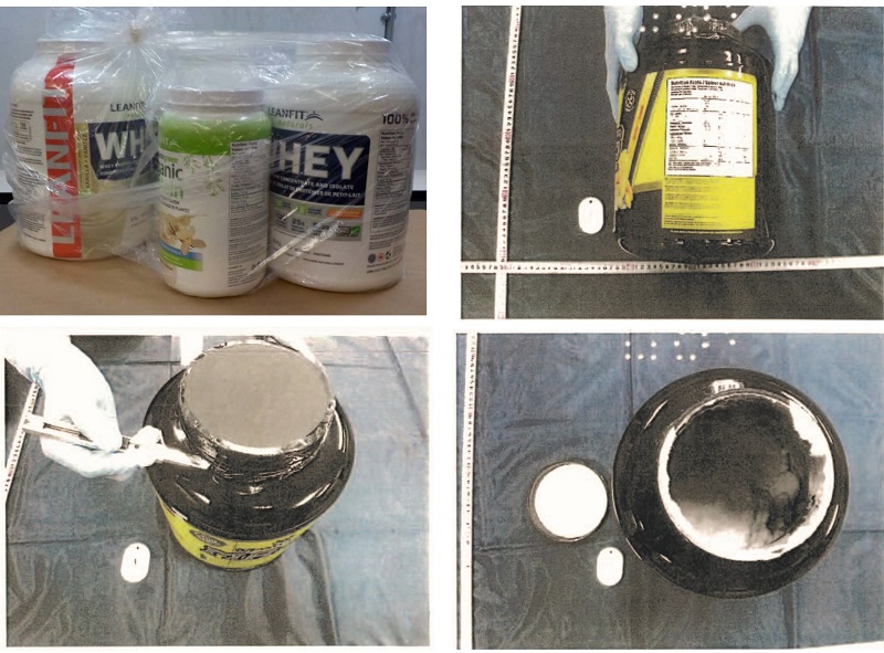 Methamphetamine concealed inside several protein powder containers can bee seen inside an open supplement tub