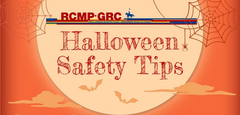 RCMP logo, picture of moon and cobwebs with text "Halloween Safety Tips"