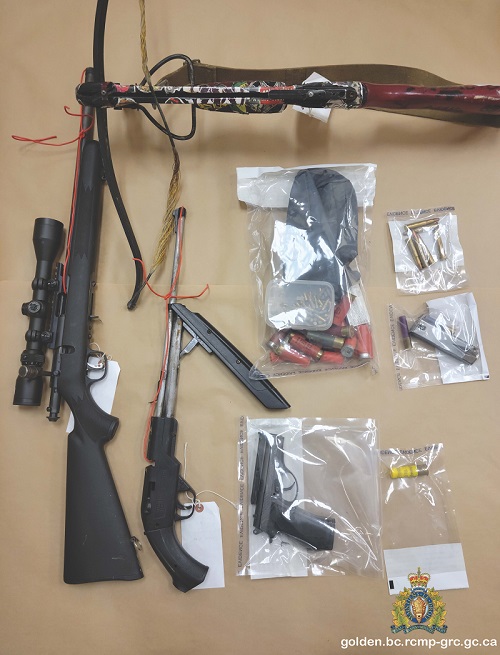 Image of seized items laid out, including a crossbow, handgun, hunting rifle, BB gun and various ammunition.