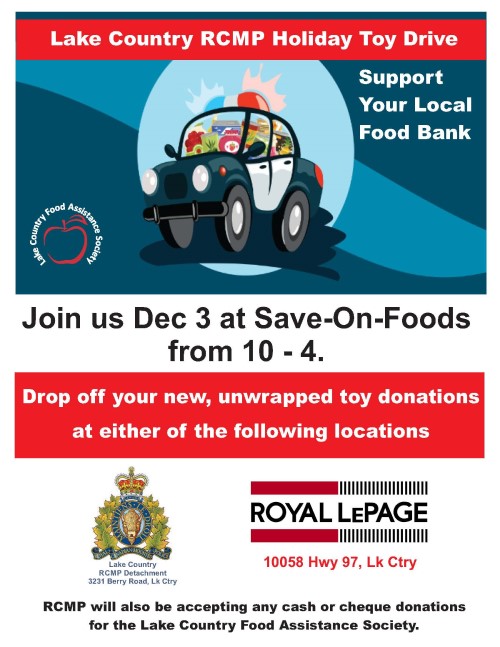Poster with police car filled with toys advertising cram the cruiser on Dec 3rd at Save-On-Food in support of Lake Country Food Bank