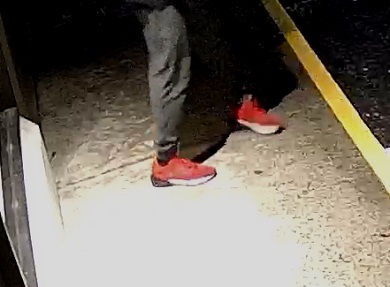 Photo of distinctive red shoes worn by a suspect in a theft.