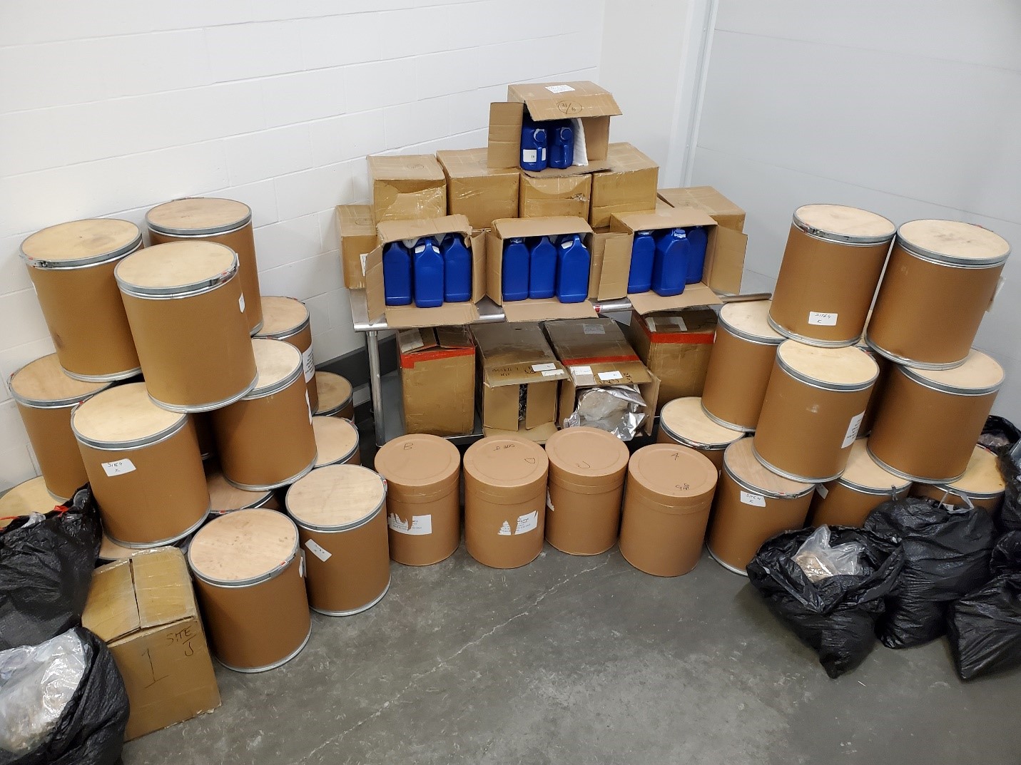 Cache of precursor chemicals for making fentanyl and MDMA seized by BC RCMP Federal Policing