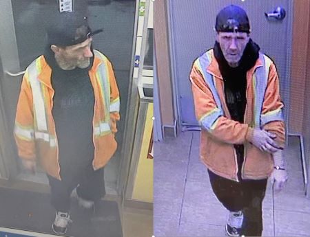 Two different facial angles of a suspect at one of the break-in locations. The suspect is a male with a black cap on backwards, wearing a high visibility vest. In the photo he is walking through a doorway.