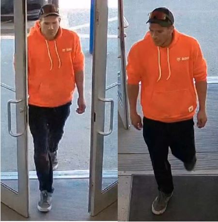 Two angles of a male suspect entering a store. The suspect is wearing a ballcap, orange hoodie, dark pants, and grey shoes. 