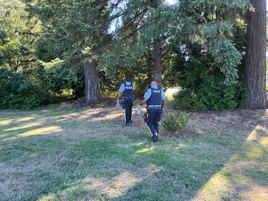 Two police officers in full uniform walking into a wooded area. 