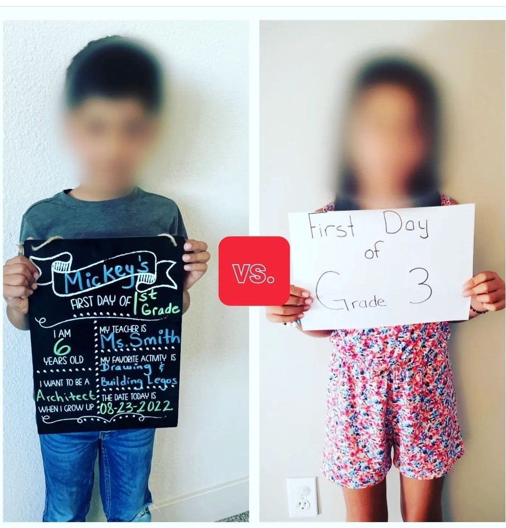 Photo of boy with sign full of personal details vs photo of girl with sign saying she's in Grade 3