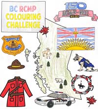 Défi de coloriage de la GRC en Colombie Britannique – Feuille montrant des éléments liés à la police et à la GRC et silhouette de la province de la Colombie Britannique; coloriée par  Alivia