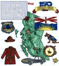 Défi de coloriage de la GRC en Colombie Britannique – Feuille montrant des éléments liés à la police et à la GRC et silhouette de la province de la Colombie Britannique; coloriée par  Maisie