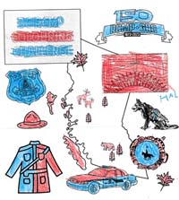 Défi de coloriage de la GRC en Colombie Britannique – Feuille montrant des éléments liés à la police et à la GRC et silhouette de la province de la Colombie Britannique; coloriée par  Mia