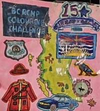 Défi de coloriage de la GRC en Colombie Britannique – Feuille montrant des éléments liés à la police et à la GRC et silhouette de la province de la Colombie Britannique; coloriée par  Zahara